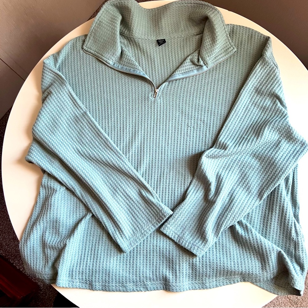 Soft Waffle Knit Light Blue Half Zip Sweater Top
